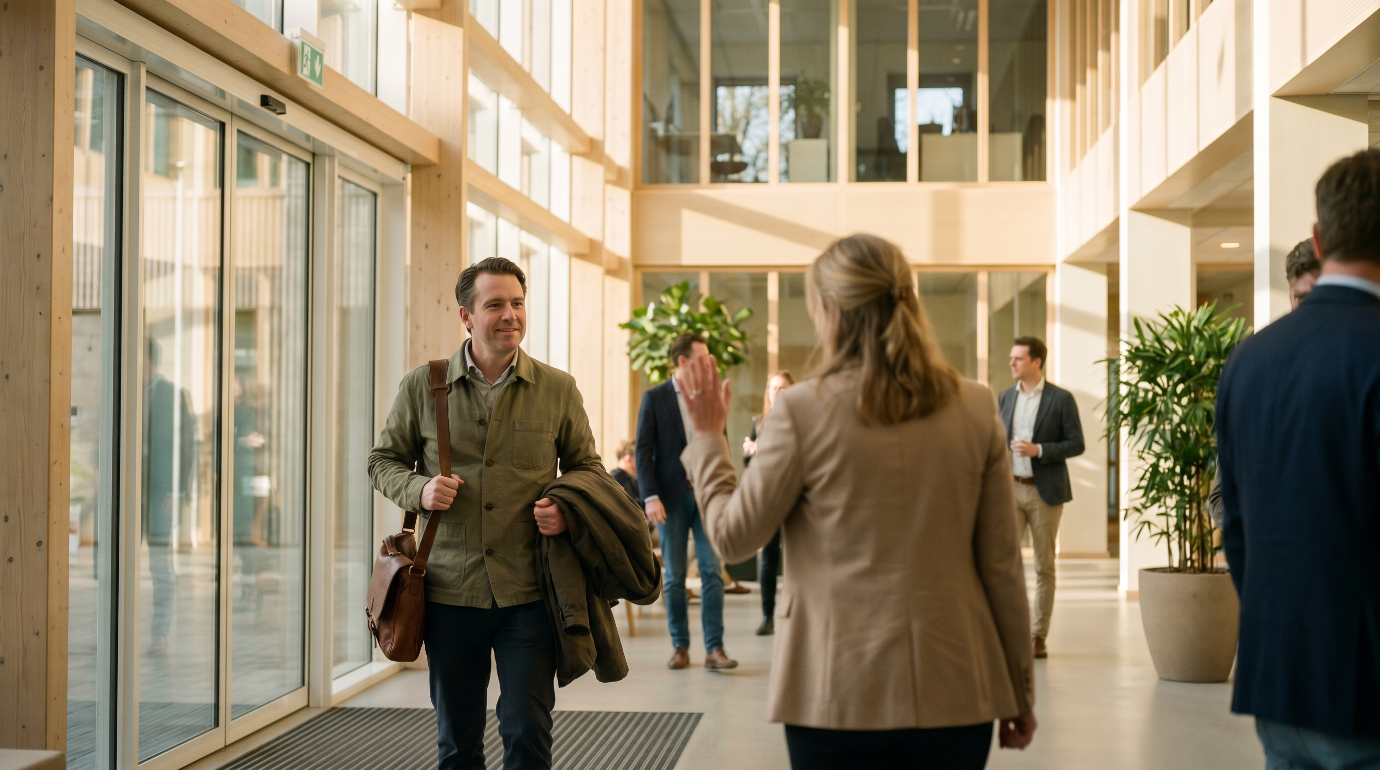 Bezoeker arriveert bij een kantoorgebouw