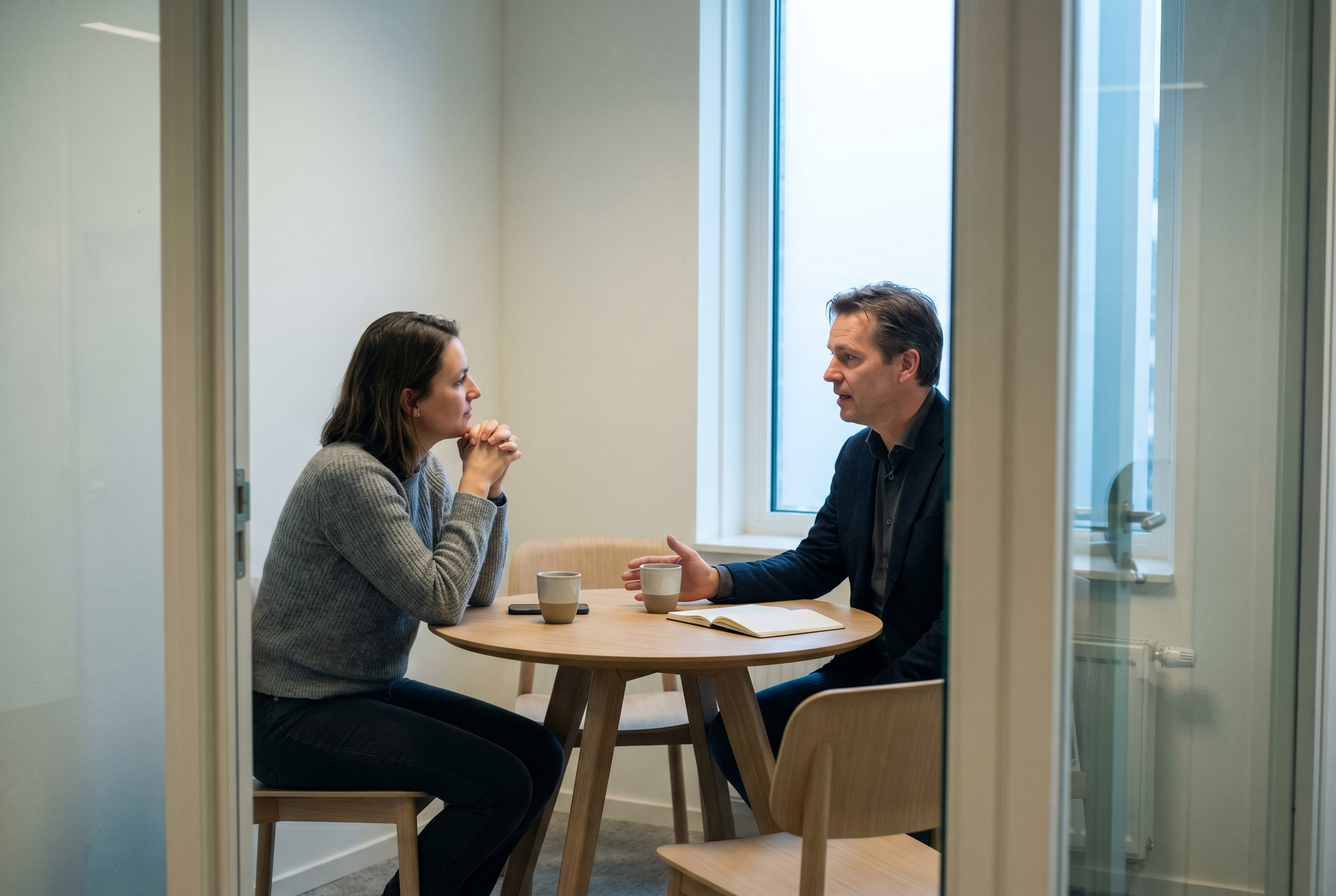 Een vertrouwenspersoon in gesprek met een medewerker